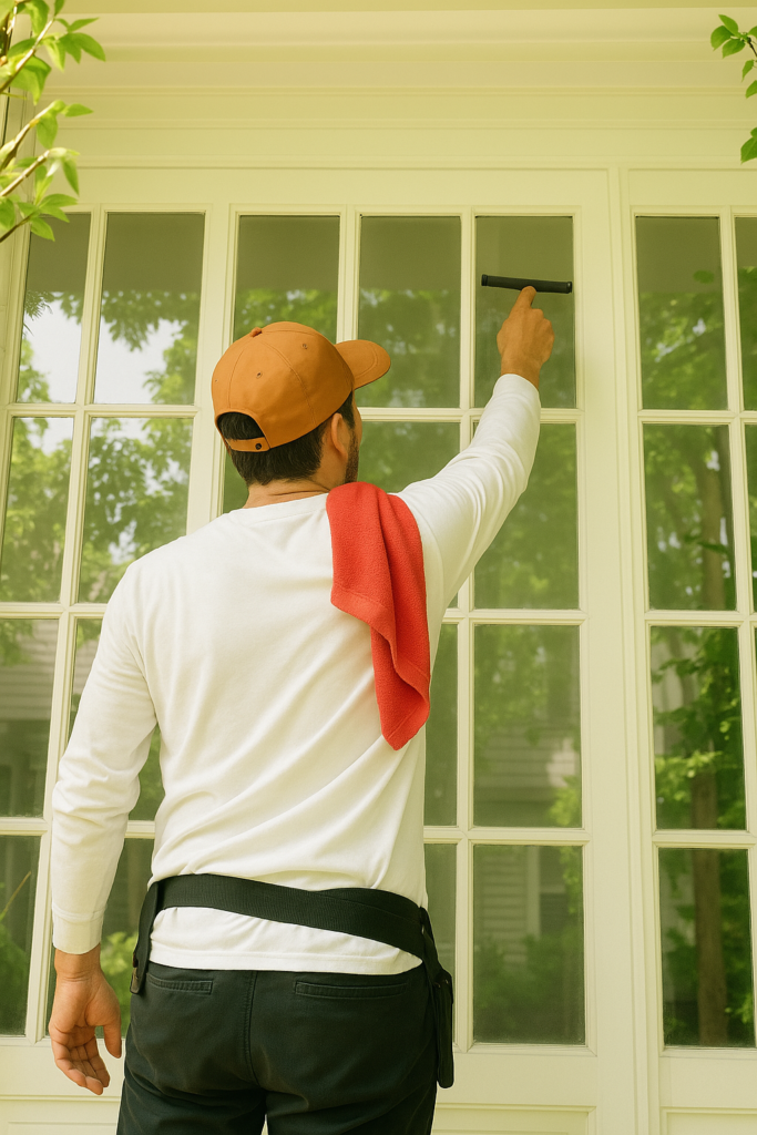 Experienced window cleaner removing mineral buildup from tall exterior glass with specialized tools