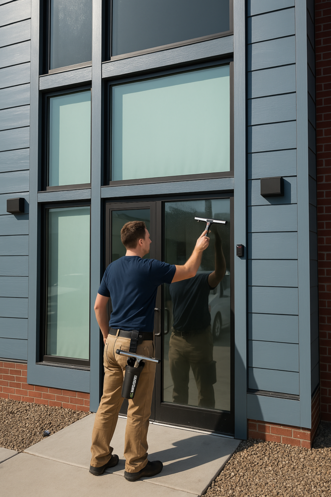 Experienced cleaner removing hard water stains from upper windows with professional tools, Professional window cleaner detailing large panes with precision tools and steady technique